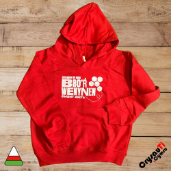 Red kids hoodie with Urdd Gwent 2027 Bro’r Wenynen design